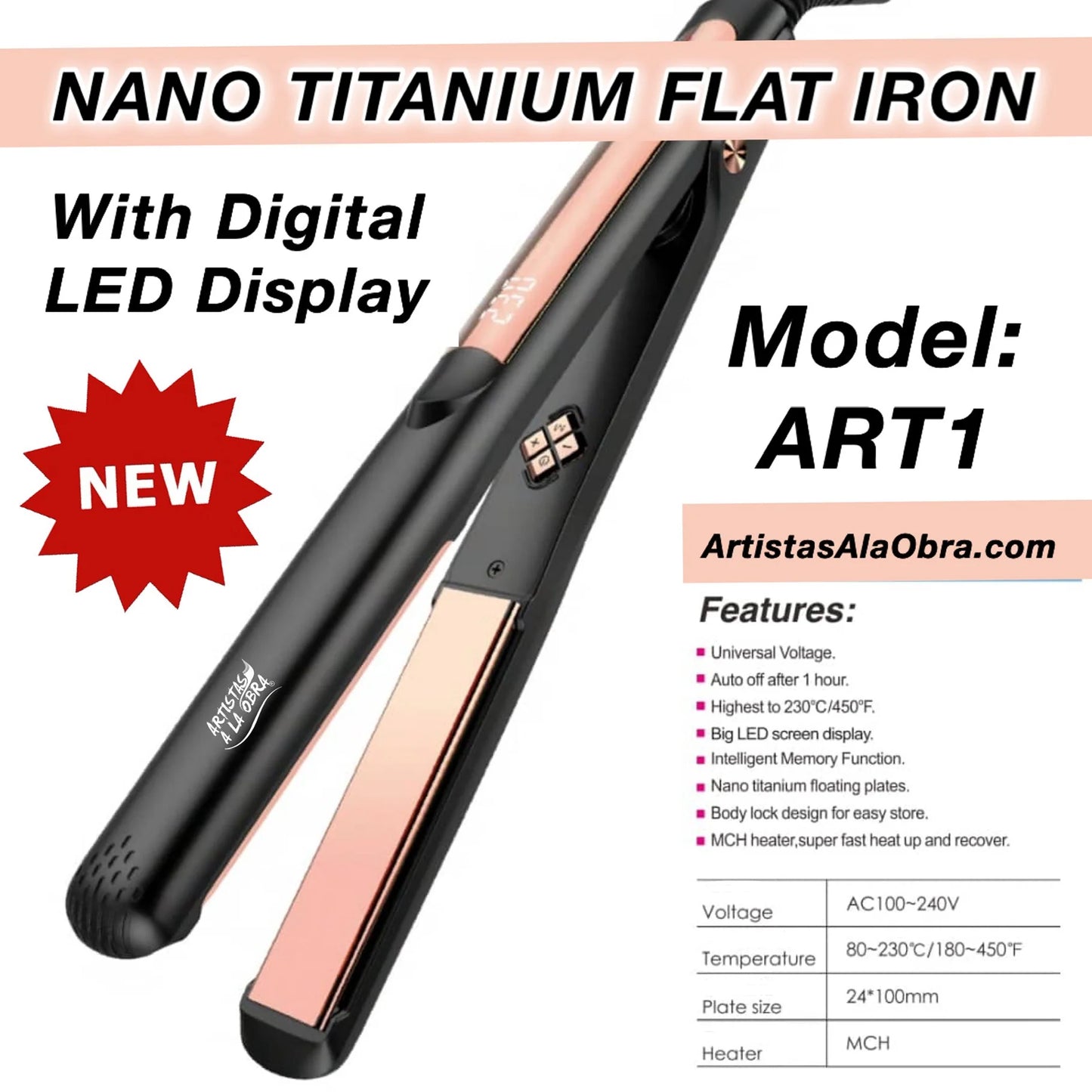 PLANCHA NANO TITANIUM 1" (PULGADA) CON DISPLAY DIGITAL EN LED